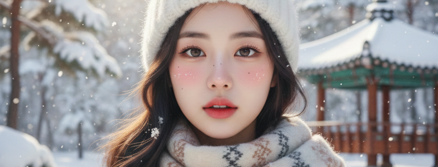 Femeie coreeană cu părul lung, ondulat, purtând un fular și o căciulă tricotate de culoare crem, stând într-un peisaj de iarnă înzăpezit, cu obraji ușor roșii de la frig și fundalul ce include un pavilion tradițional acoperit de zăpadă.