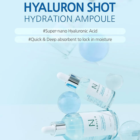 Formulă concentrată cu acid hialuronic pentru piele catifelată și elastică. Ample:N Hydration Ampoule reface bariera de hidratare și calmează pielea.