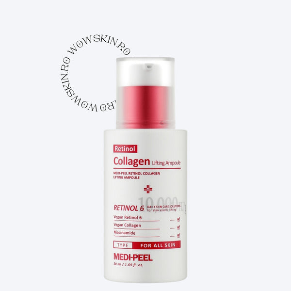 Medi-Peel Retinol Collagen Lifting Ampoule Îmbrățișați puterea transformatoare a Medi-Peel Retinol Collagen Lifting Ampoule, concepută pentru a reda fermitatea și elasticitatea pielii dumneavoastră. Această ampolă de 50ml combină retinolul vegan, pentru regenerare și reducerea liniilor fine, cu colagenul vegan, care sporește hidratarea și fermitatea. Niacinamida inclusă în formulă ajută la iluminarea și uniformizarea tonului pielii,