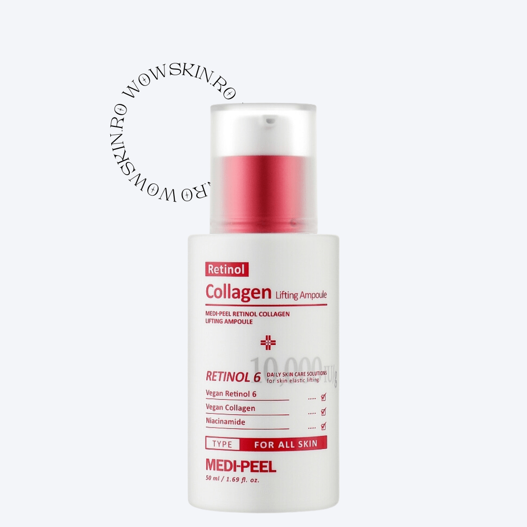 Medi-Peel Retinol Collagen Lifting Ampoule Îmbrățișați puterea transformatoare a Medi-Peel Retinol Collagen Lifting Ampoule, concepută pentru a reda fermitatea și elasticitatea pielii dumneavoastră. Această ampolă de 50ml combină retinolul vegan, pentru regenerare și reducerea liniilor fine, cu colagenul vegan, care sporește hidratarea și fermitatea. Niacinamida inclusă în formulă ajută la iluminarea și uniformizarea tonului pielii, 